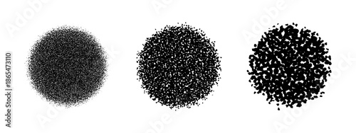 Round shapes with ash, dust or black powder texture isolated in white background. Circular forms with noise, spray or grain effect. Circles in speckle, scatter or mezzotint style. Vector illustration.