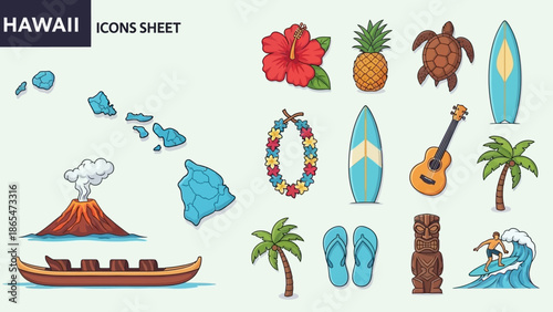 Vibrant collection of Hawaiian culture and travel icons, showcasing tropical island life, iconic landmarks, and traditional symbols
