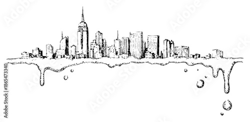 Urban city skyline melting and dripping like liquid sketch
