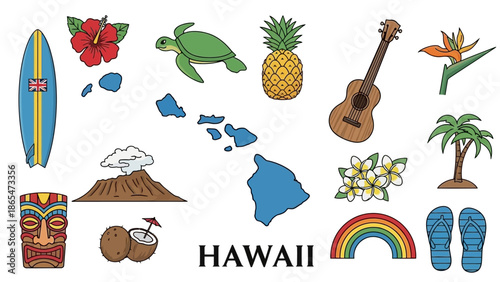 Collection of Hawaiian Icons Featuring Islands, Surfboard, Ukulele, and Tropical Elements