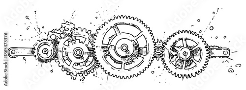 Horizontal arrangement of interlocking mechanical gears and cogs sketch
