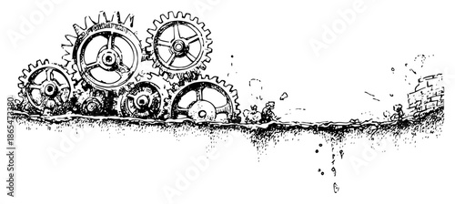 Group of mechanical gears and wheels rising from the ground