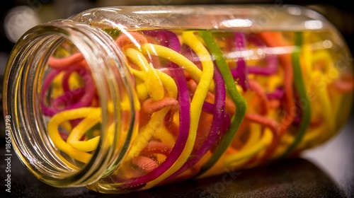 Colorful candy loops preserved in a glass jar