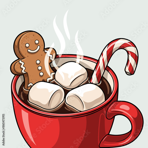 Festive Hot Chocolate with Gingerbread Man and Candy Cane Illustration
