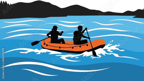 Two People Rafting on a River During Daytime - Vector Illustration