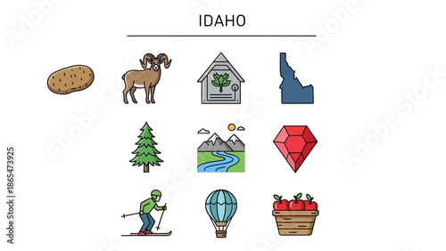 Vibrant collection of Idaho-themed flat line icons showcasing unique state symbols, diverse landscapes, outdoor adventures, and agricultural heritage elements