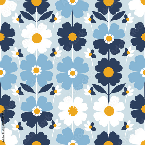 Floral Pattern: Retro Style Flowers in Blue, White, and Yellow on Light Blue Background