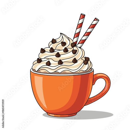 Hot Chocolate Vector Illustration: Orange Mug, Cream, Chocolate Chips, Straws