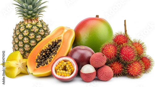 Vibrant tropical fruits arranged with pineapple and papaya