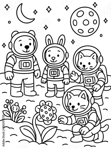 Cosmic Explorers: An illustration of a bear, a bunny and two cats dressed as astronauts exploring the moon, with a full moon and twinkling stars in the background.