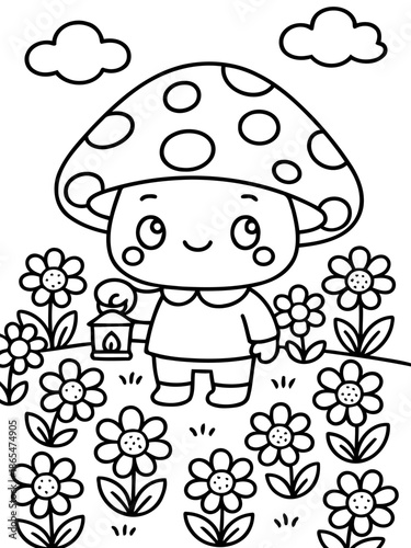 Cheerful mushroom character illustration: A whimsical mushroom character with a joyful expression, smiles and holds a lantern in a beautiful flower field.