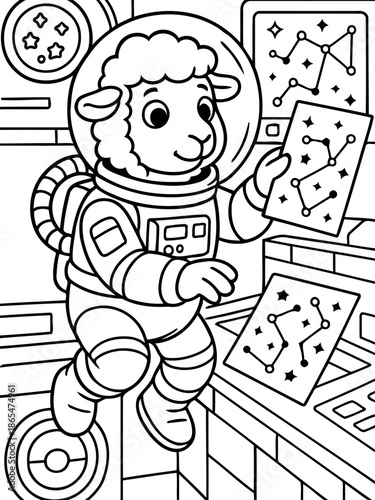 Astronaut Sheep: A curious sheep wearing a spacesuit floats amidst the cosmos, engrossed in studying stellar constellations, a whimsical depiction of exploration.