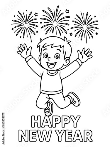 New Year's Joy: An illustrated depiction of a young boy expressing excitement with fireworks.