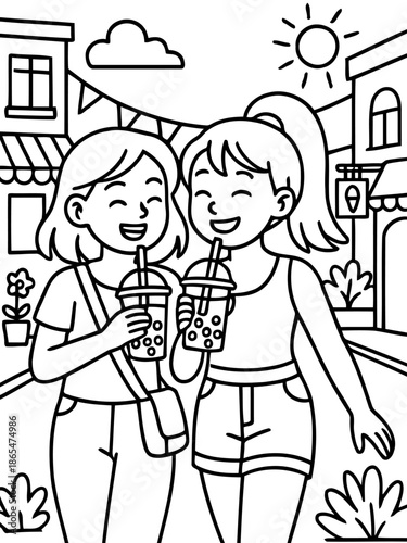 Friendship Bubbles: Two cheerful friends share moments of pure happiness, clinking their refreshing drinks while strolling in a lively street, celebrating the joys of shared companionship.