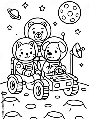 Cosmic Crew Adventure: A trio of adventurous animals - a cat, a bear, and a dog - embark on a stellar journey through space in their rover, exploring the vast cosmos and its celestial wonders.