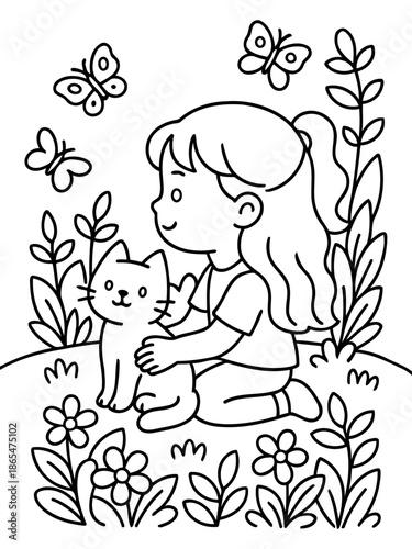 Harmony of a young girl with cat in garden: In a serene garden, a young girl shares a tender moment with her beloved kitten, surrounded by the gentle embrace of nature and butterflies.