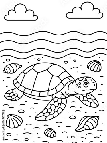 Sea Turtle on the Sand: An illustration of a sea turtle on sandy seabed. The waves and cloud above bring an essence of oceanic scene.
