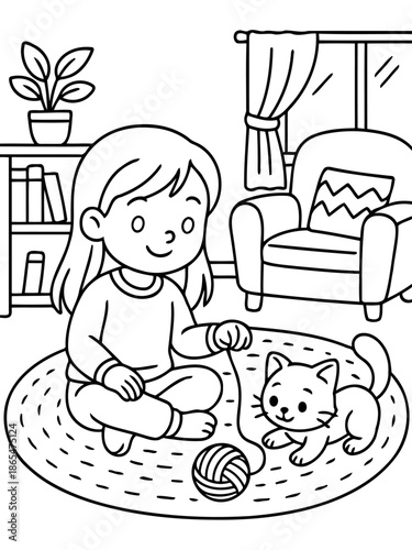 Cozy Playtime: A heartwarming black and white illustration depicts a young girl and her adorable kitten enjoying a playful moment together at home.