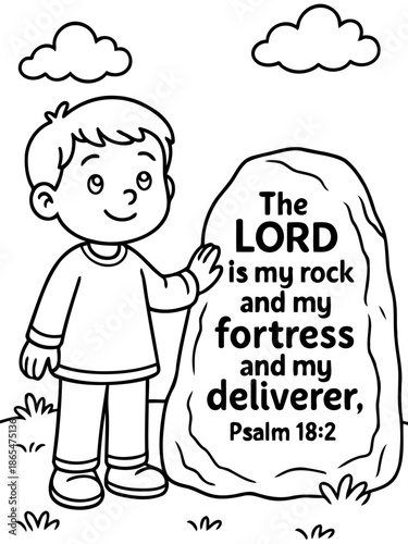 Illustrative Faith: A young person stands next to a rock which has holy verse, portraying faith, comfort and belief.