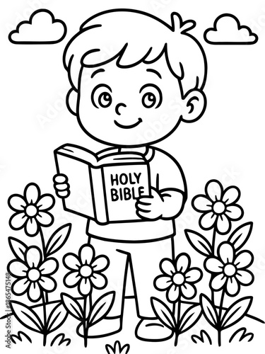 Reading the Holy Book in Garden: A young boy, absorbed in reading, holds a Holy Book amidst a beautiful garden with flowers and clouds in the sky, finding solace and spiritual connection.