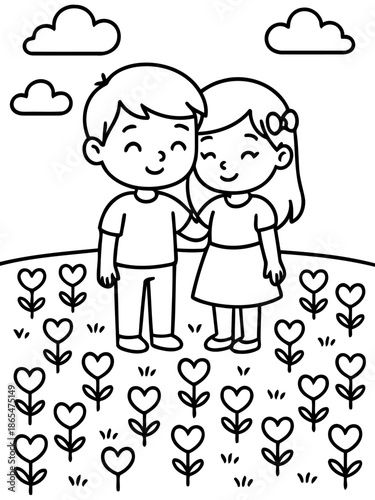 A couple embraces in a heart garden: A loving couple stands close, surrounded by a field of heart-shaped flowers under a bright sky, expressing affection.