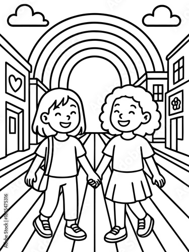 Friendship on a Colorful Avenue: Two cheerful individuals stroll hand-in-hand along a lively street, beneath the radiant arch of a vibrant rainbow, symbolizing companionship and joy.