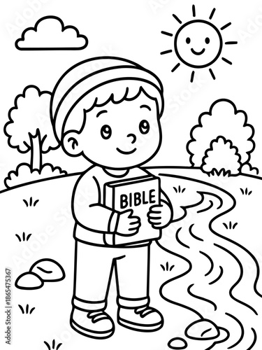 Child's Bible Journey: An illustrated young boy, cradling a bible, stands beside a serene river, with the warm sun smiling down, hinting at faith and guidance. 
