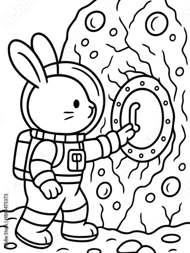 Lunar Rabbit Explorer: An intrepid rabbit astronaut, clad in a spacesuit, discovers an intriguing hatch on a celestial body. Witness this brave adventurer in the cosmic frontier, inviting imagination.