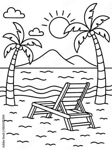 Serene Seaside Scene: A tranquil outline illustration captures the essence of a perfect day at the beach with the sun high in the sky and a chaise lounge and palm trees on the sand.