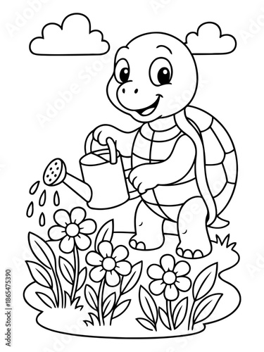 Happy Turtle Watering Flowers: A cheerful cartoon turtle happily waters vibrant flowers, its watering can showering the plants with life-giving droplets.