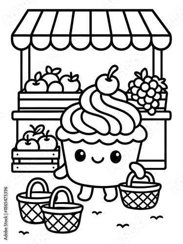 Cupcake's Market Adventure: A whimsical cupcake character navigates a vibrant farmer's market, its smiling face radiating joy amidst an array of fresh produce and charming stalls.