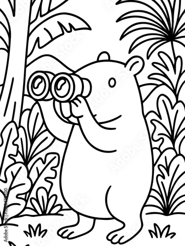 Curious Observer in Jungle: An adorable cartoon bear gazes intently through binoculars, surrounded by lush jungle foliage and inviting a sense of wonder and exploration.