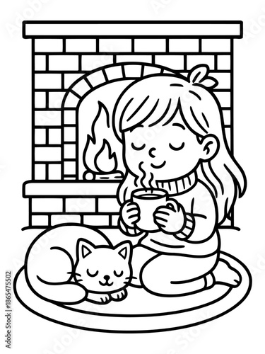 Cozy Winter Moment: A young person relaxes by a fireplace, embracing the warmth of a hot beverage, alongside a purring feline companion. It's a scene of comfort and simple pleasures.