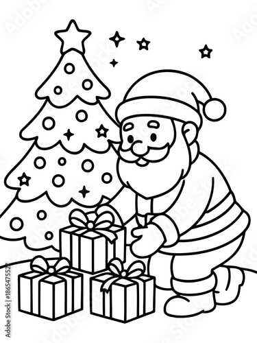 Holiday Cheer: Santa Claus, a jovial figure, places meticulously wrapped presents under a decorated Christmas tree. The scene embodies festive spirit, anticipation, and the joy of giving.