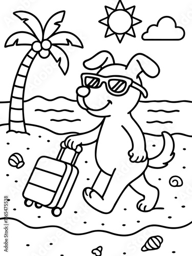 Dog on a Beach Vacation: A cartoon dog, wearing sunglasses and cheerfully pulling a suitcase, strolls along a sunny beach with a palm tree and gentle waves.