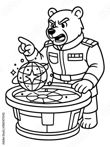 Bear Commander's Strategic Planning: A determined bear commander, in uniform, pointing with purpose as he strategizes, emphasizing his dedication to planning and management