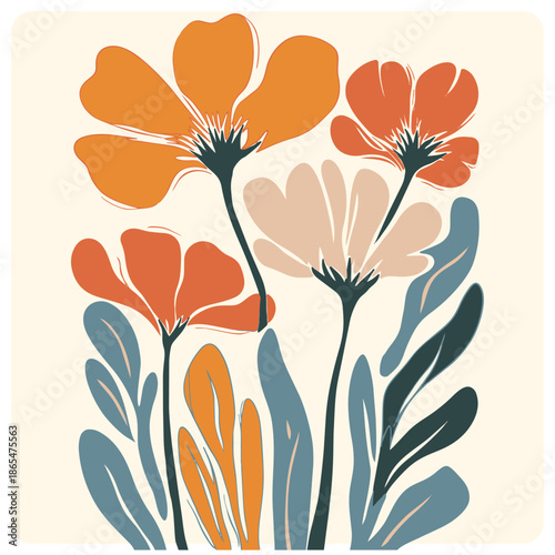 Mid-Century Modern Floral Illustration with Orange and Teal Flowers