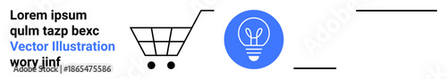 E-commerce, innovation, business ideas, online shopping, creativity, design concepts. A shopping cart icon alongside a light bulb symbol. E-commerce and innovation portrayed creatively