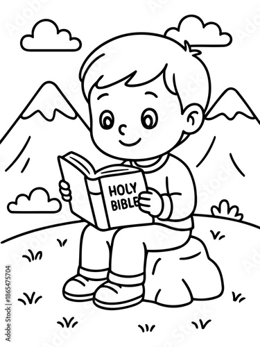 Boy with Holy Bible: A young boy sits peacefully, engrossed in the pages of a Holy Bible, bathed in the natural light. This illustration captures a moment of spiritual reflection and learning