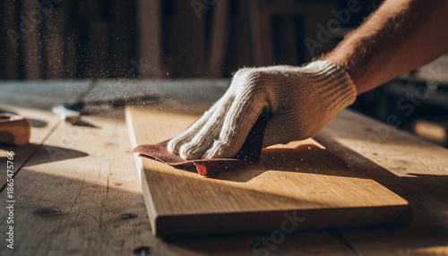 Craftsman sanding a wooden plank with sandpaper, sunlight illuminating wood dust particles in a workshop