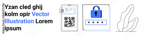 Digital security, authentication, encryption, mobile verification, online protection, cybersecurity. Mobile phone with QR code, lock icon with password field abstract element. Digital security