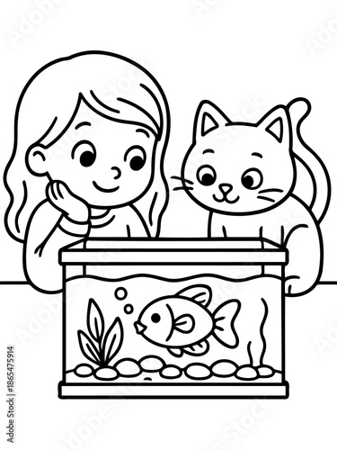 Curious bond between girl and pet cat gazing at fish in the aquarium: The picture depicts the bond between human and animal, as a girl and her cat curiously observe the fish tank.