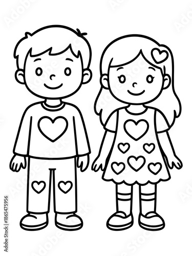 Children's Hearts: Simple line art of two smiling children, boy and girl, adorned with heart motifs. A gentle and friendly depiction of youthful innocence.