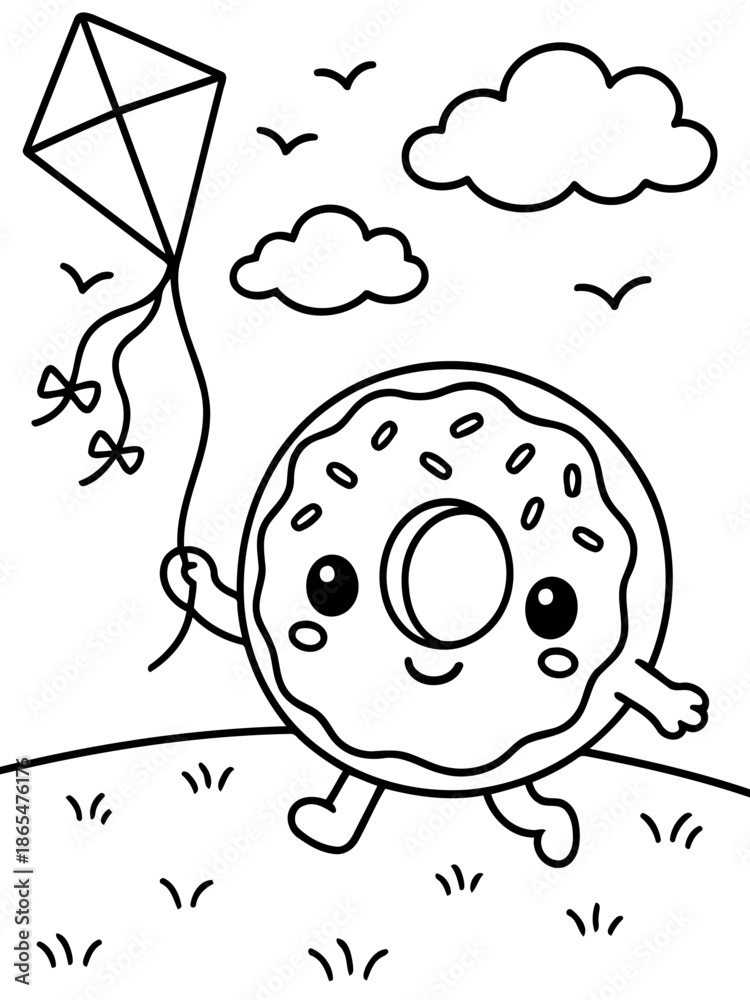 Obraz premium Donut flying a kite: A cheerful donut character embarks on an adventure, soaring a kite on a breezy day. A scene full of whimsy, perfect for adding a touch of playful creativity.