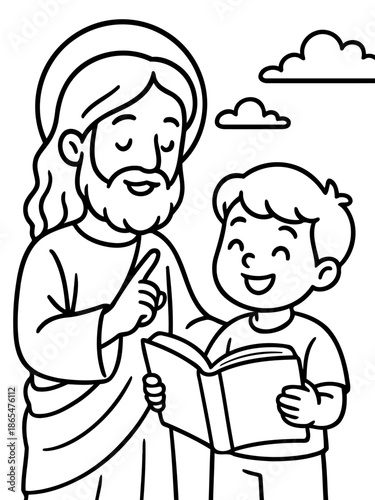 Divine Guidance and Learning: A heartwarming depiction of guidance, depicting a mentor imparting knowledge to a young boy, emphasizing education.