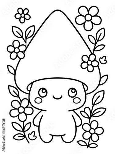 Playful Floral Forest Character: A cute, mushroom-like character with a friendly smile, surrounded by delicate flowers and leaves. A scene full of cheerfulness, joy, and innocence