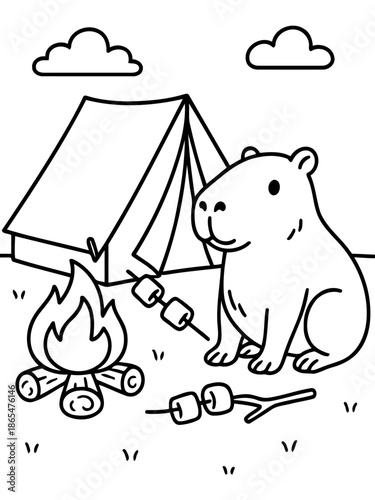 Camping Capybara: An adorable cartoon capybara enjoys a camping adventure, roasting marshmallows over a crackling campfire, with a tent set up, and fluffy clouds above.