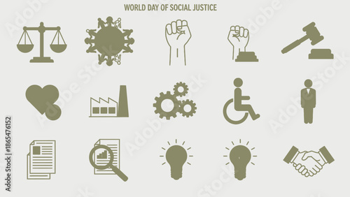 Social Justice Icons: Equality, Rights, Community, Industry, Ideas