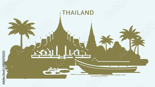 Thailand Skyline Silhouette with Temples, Palm Trees, and Boat