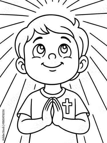 Child in Devotion: A young boy, depicted in a simple yet profound illustration, offers a prayer with folded hands, radiating an aura of serenity and faith.